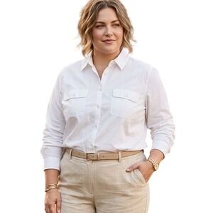 Chico's White Modal Blend Roll Tab Utility Button Down Shirt Blouse Size 2 L